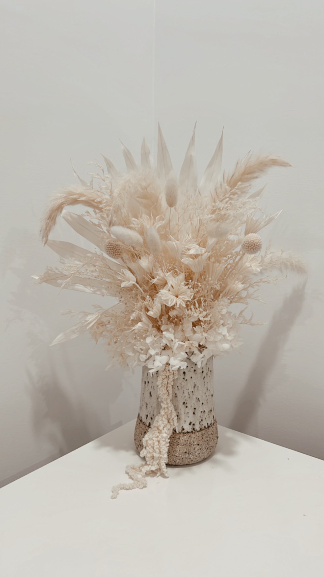 Dried Flowers White Arrangement with Handmade Vase