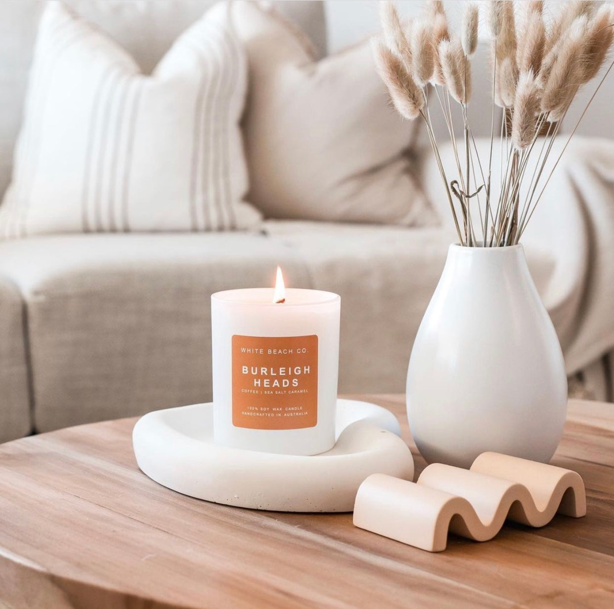 Our Burleigh Heads candle gorgeously styled in Through the lens of Kirsty home