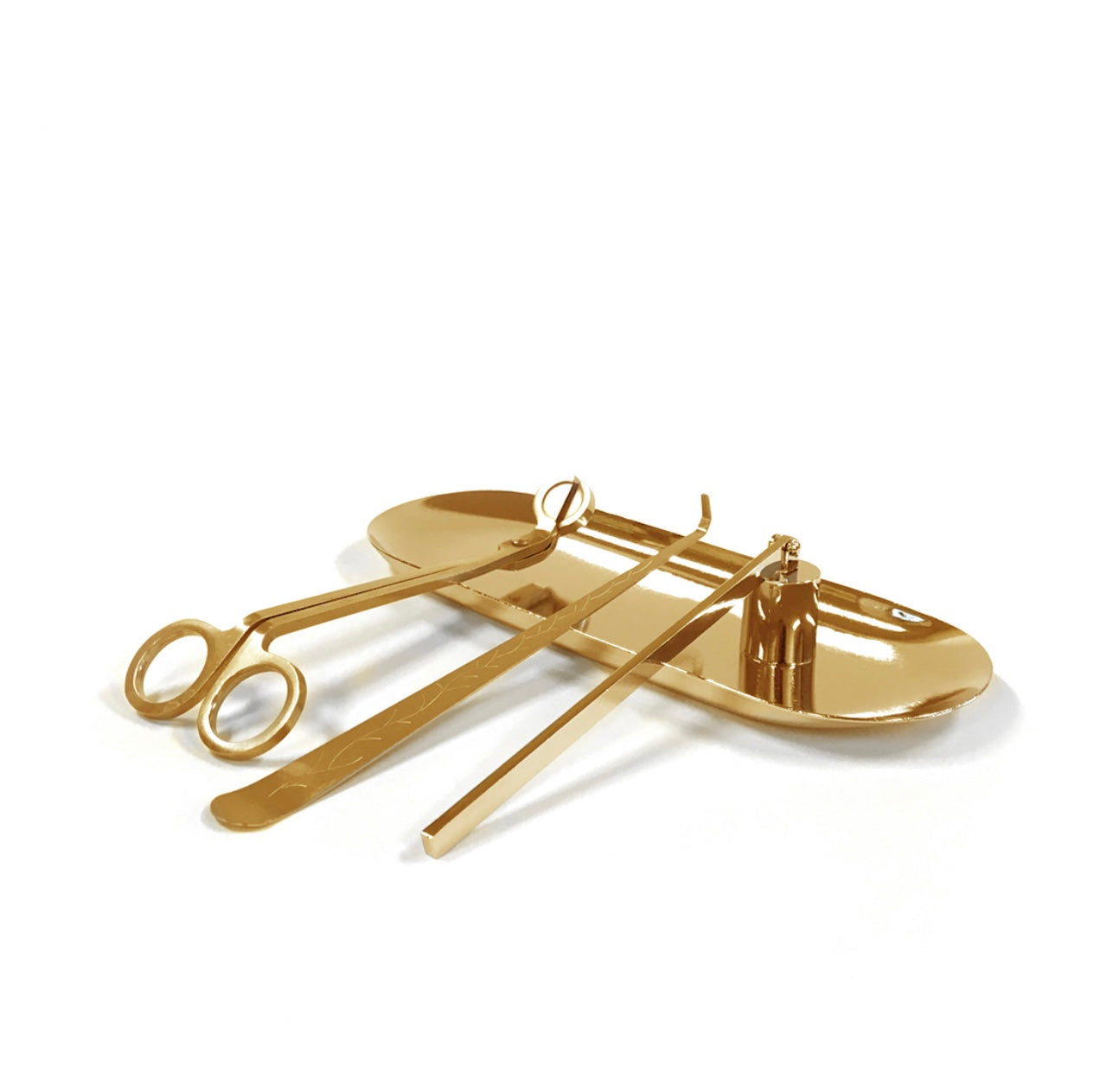 Gold Candle care set includes wick trimmer candle dipper and wick trimmer plus a tray.