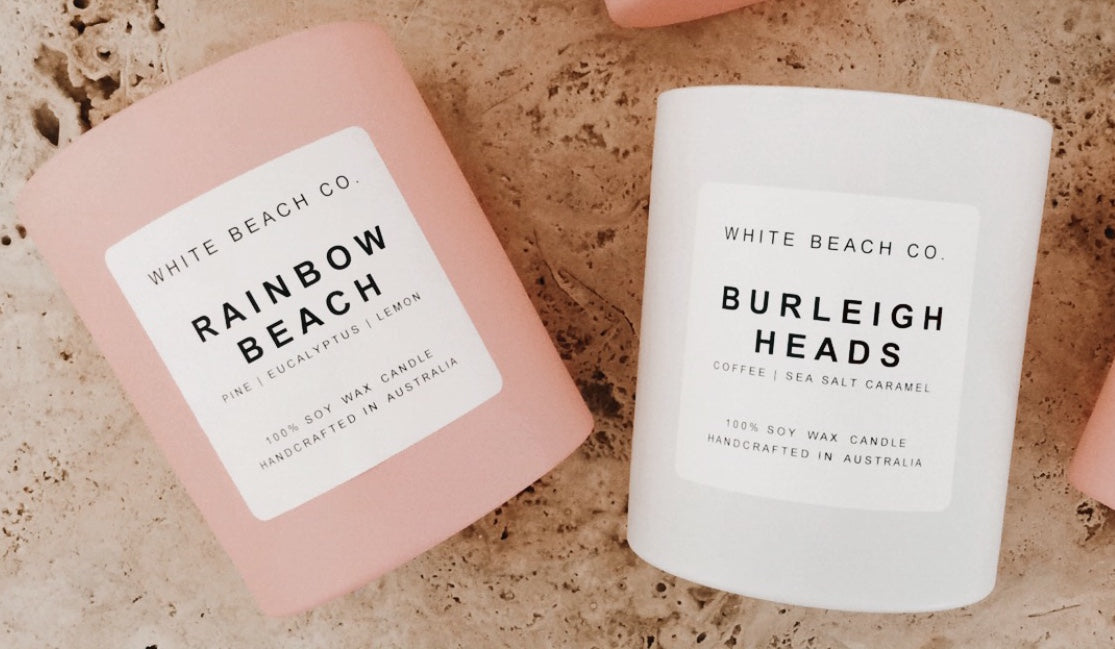 Burleigh Heads candle available in a pink and white reusable glass vessel