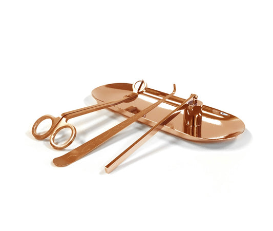 Rose Gold Candle Care Set includes wick trimmer candle snuffer and wick dipper plus a tray